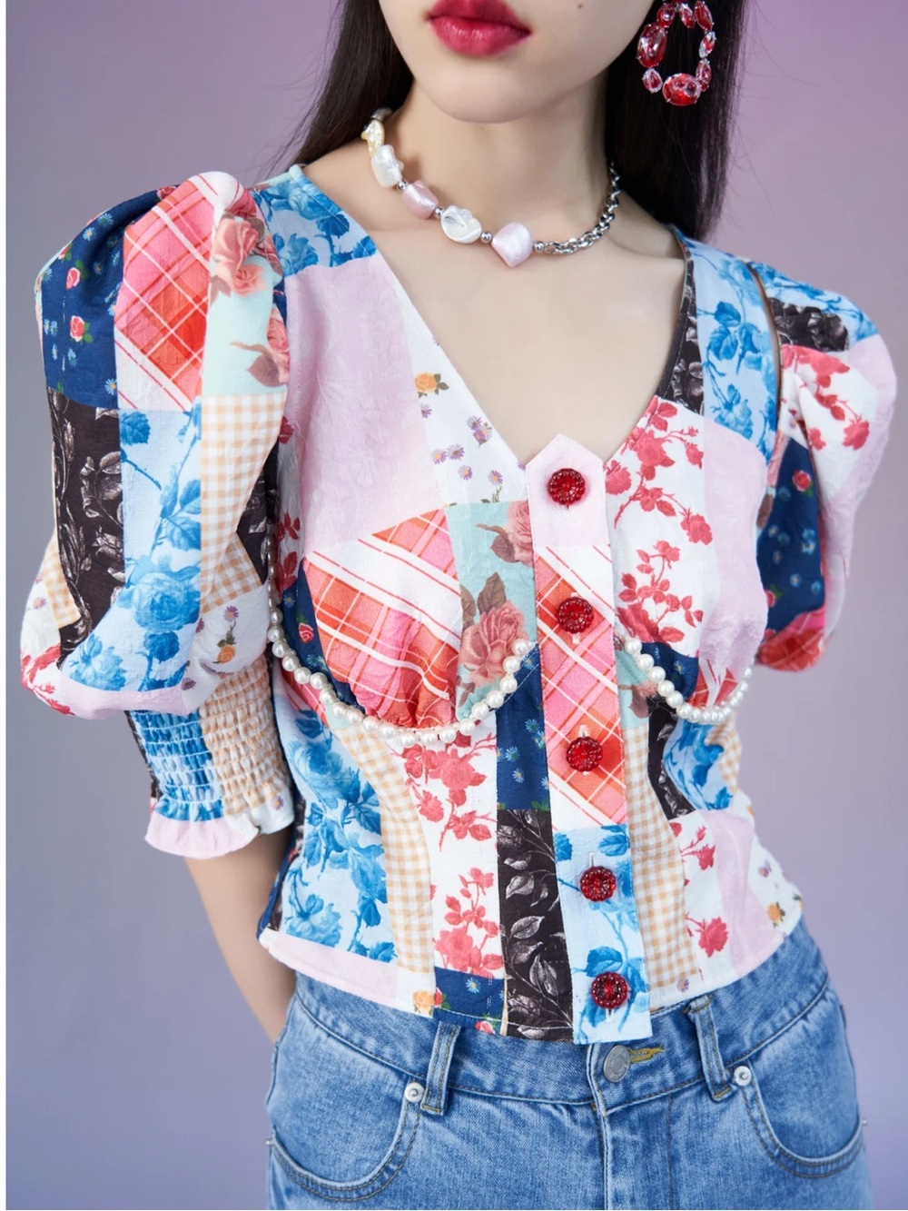Mukzin Patchwork Floral Puff-Sleeve Blouse - Multicolor Size Small